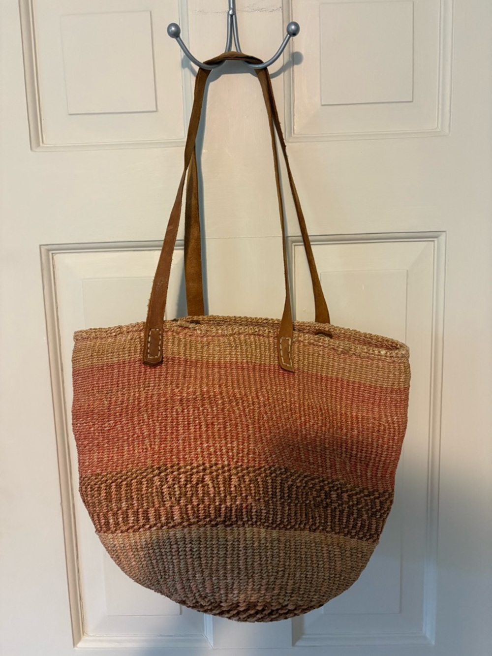 Woven Straw Tote Bag with Tan Leather Straps - Pink & Brown